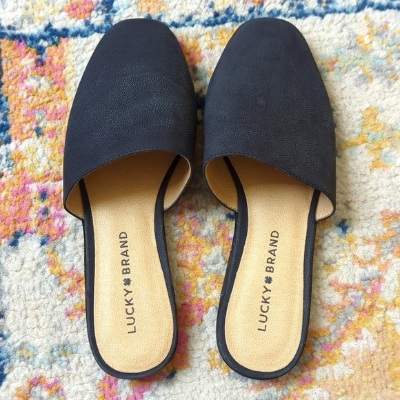 Lucky Brand Acasia Classic Pebbled Leather Slip On Open Back Flat Mules Black 6 - Picture 4 of 15